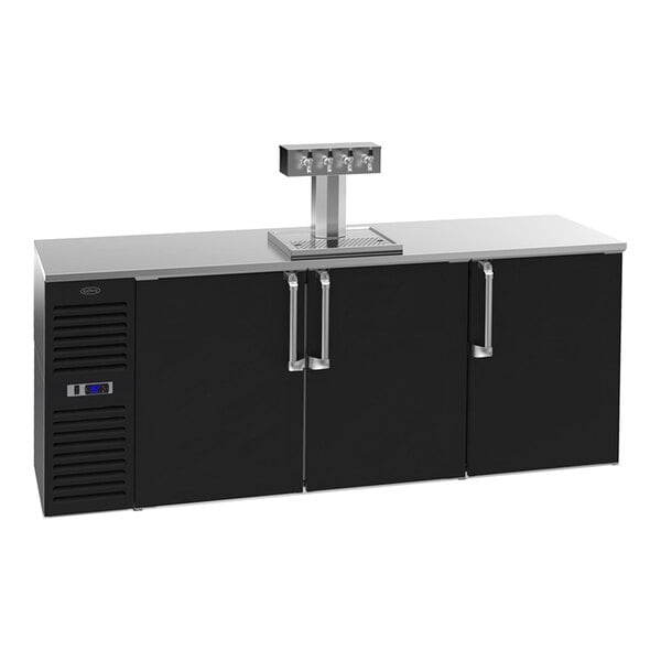 A large black and stainless steel beverage dispenser with three doors, a digital control panel on the left, and a quadruple tap system on top.