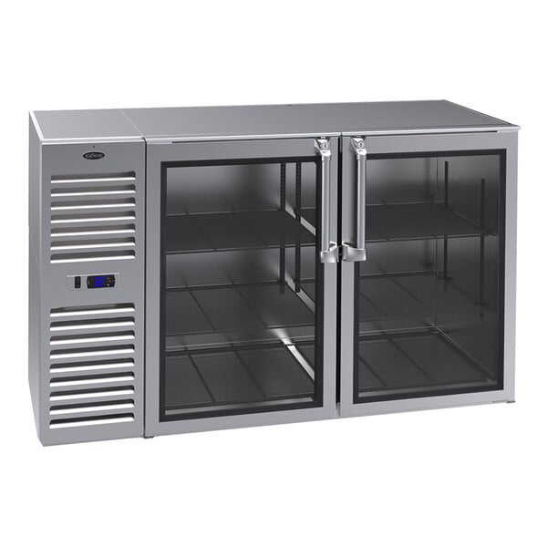 A stainless steel underbar refrigerator with two glass doors, metal handles, interior shelving, and a left-side compressor vent.