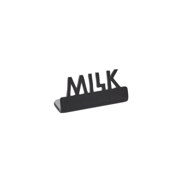 American Metalcraft 1 1/2" x 5/8" x 3/4" Black Stainless Steel Mini Laser-Cut Tabletop Sign with "Milk" Print - 12/Case