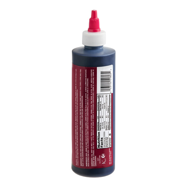 A plastic squeeze bottle with a red and white twist cap, featuring a maroon label with text and a nutrition facts panel.