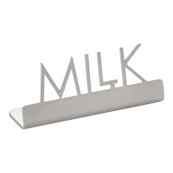 American Metalcraft 3" x 7/8" x 1 1/4" Stainless Steel Laser-Cut Tabletop Sign with "Milk" Print - 12/Case