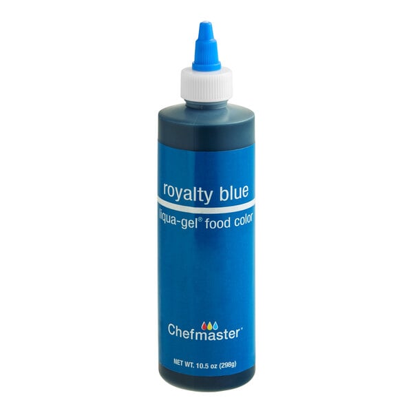 A blue plastic squeeze bottle with a pointed nozzle cap, labeled 'royalty blue liqua-gel food color' and 'Chefmaster' on the front.