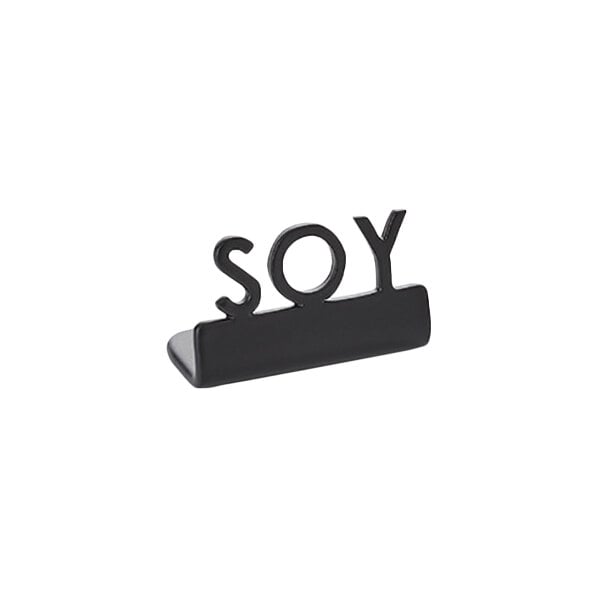 American Metalcraft 1 1/4" x 5/8" x 3/4" Black Stainless Steel Mini Laser-Cut Tabletop Sign with "Soy" Print - 12/Case