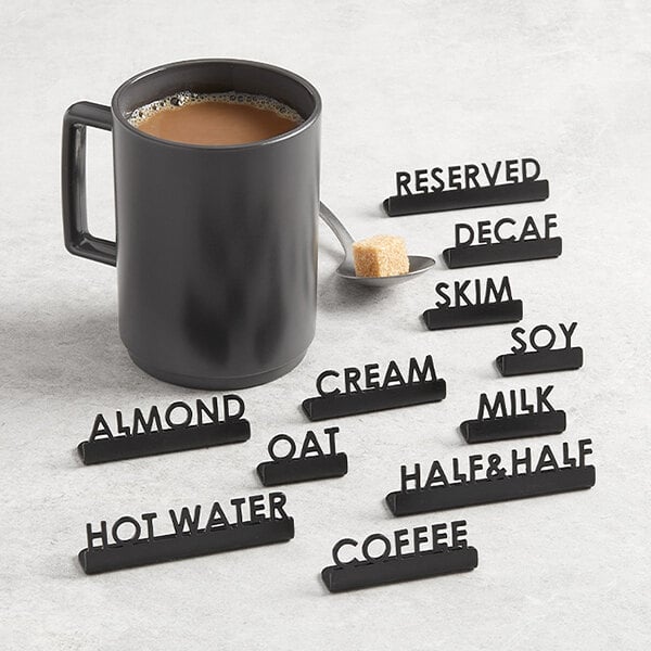 American Metalcraft 2 1/2" x 5/8" x 3/4" Black Stainless Steel Mini Laser-Cut Tabletop Sign with "Almond" Print - 12/Case