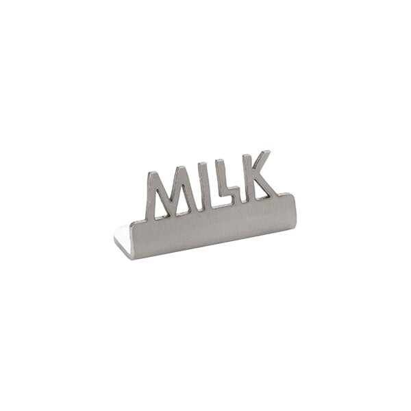 American Metalcraft 1 1/2" x 5/8" x 3/4" Stainless Steel Mini Laser-Cut Tabletop Sign with "Milk" Print - 12/Case