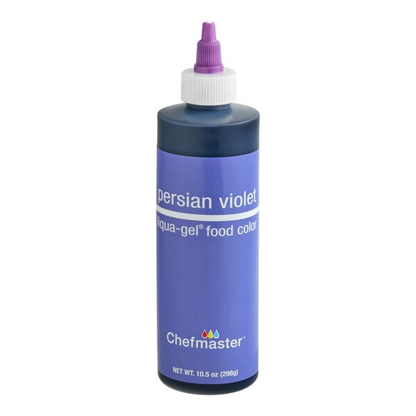 A bottle of Chefmaster Persian Violet liqua-gel food coloring with a purple label and a pointed dispensing cap.
