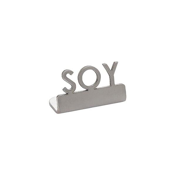 American Metalcraft 1 1/4" x 5/8" x 3/4" Stainless Steel Mini Laser-Cut Tabletop Sign with "Soy" Print - 12/Case