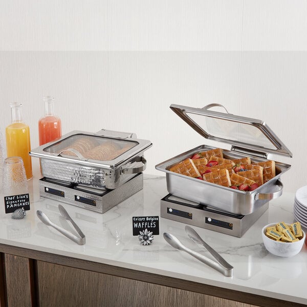 American Metalcraft Synergy 6.5 Qt. Hammered Stainless Steel Rectangular Induction-Ready Chafer with Glass Top SYNSRECHM16