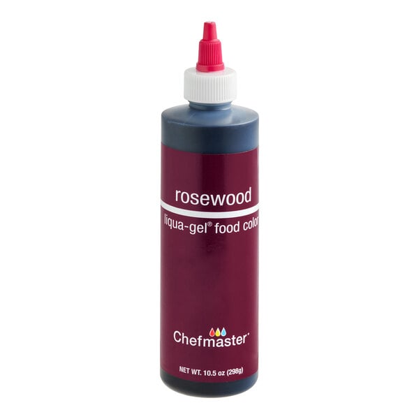 A bottle of Chefmaster rosewood liqua-gel food coloring with a red cap and maroon label.
