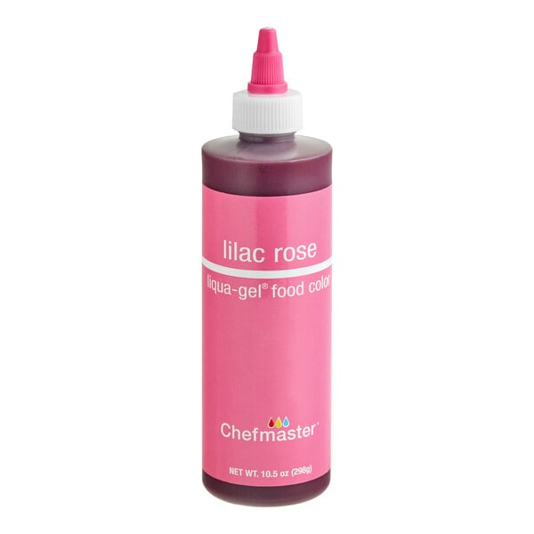 A bottle of lilac rose liqua-gel food color with a pink label and a pointed dispensing cap.