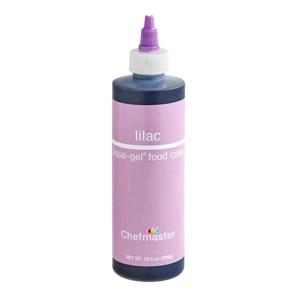 A bottle with a purple label and cap, labeled 'lilac aqua-gel food color' and 'Chefmaster,' containing a dark liquid.