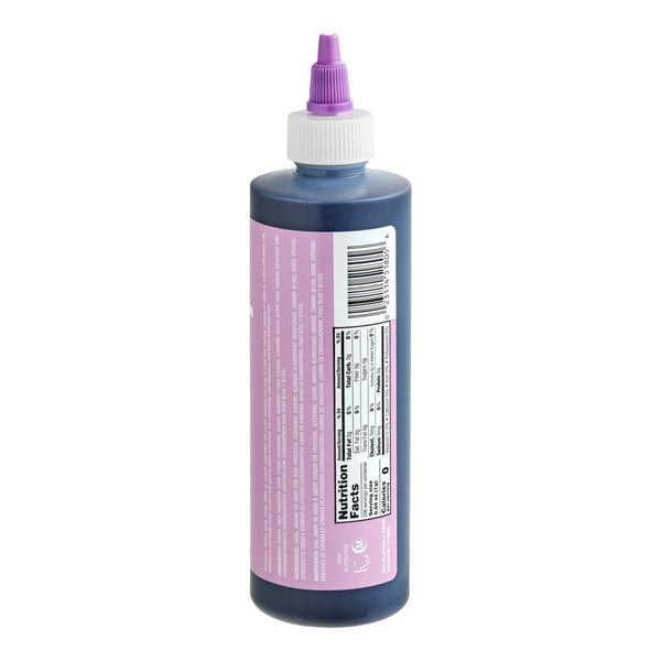A plastic squeeze bottle with a purple cap and a pink label, displaying nutrition facts and a barcode.
