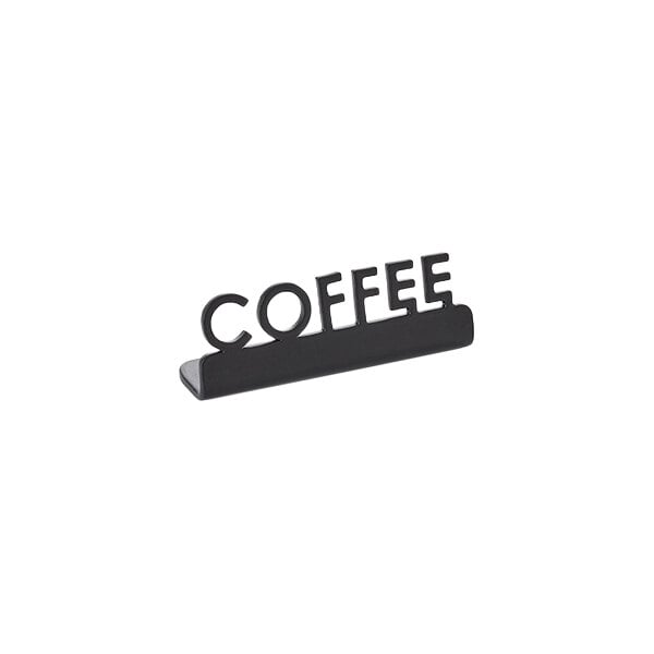 American Metalcraft 2 1/8" x 5/8" x 3/4" Black Stainless Steel Mini Laser-Cut Tabletop Sign with "Coffee" Print - 12/Case