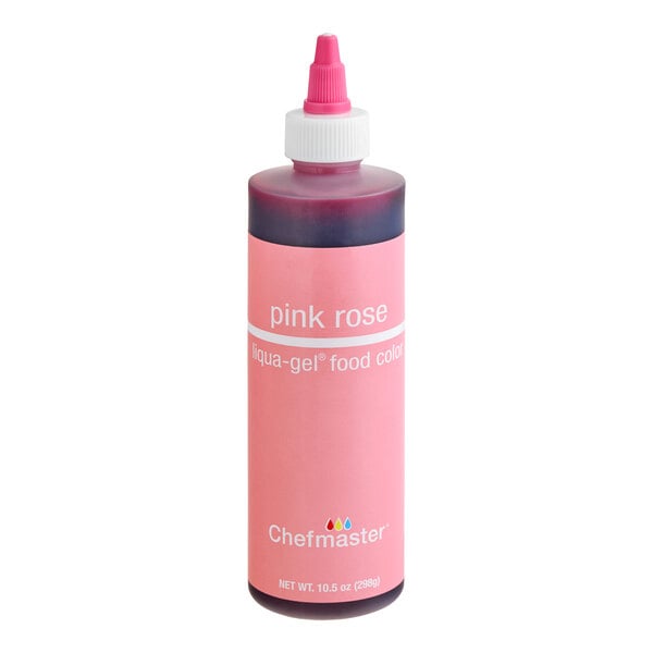 A bottle with a pink label and a pointed pink cap, labeled 'pink rose liqua-gel food color' by Chefmaster.