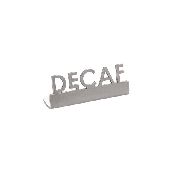 American Metalcraft 1 7/8" x 5/8" x 3/4" Stainless Steel Mini Laser-Cut Tabletop Sign with "Decaf" Print - 12/Case