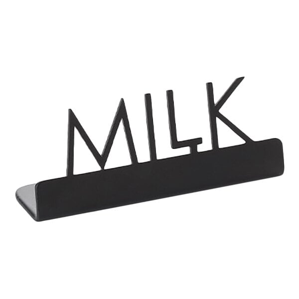 American Metalcraft 3" x 7/8" x 1 1/4" Black Stainless Steel Laser-Cut Tabletop Sign with "Milk" Print - 12/Case