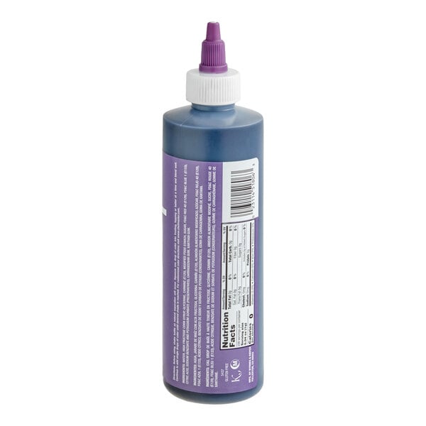 A plastic squeeze bottle with a purple label, white cap, and purple nozzle, displaying nutrition facts and a barcode.