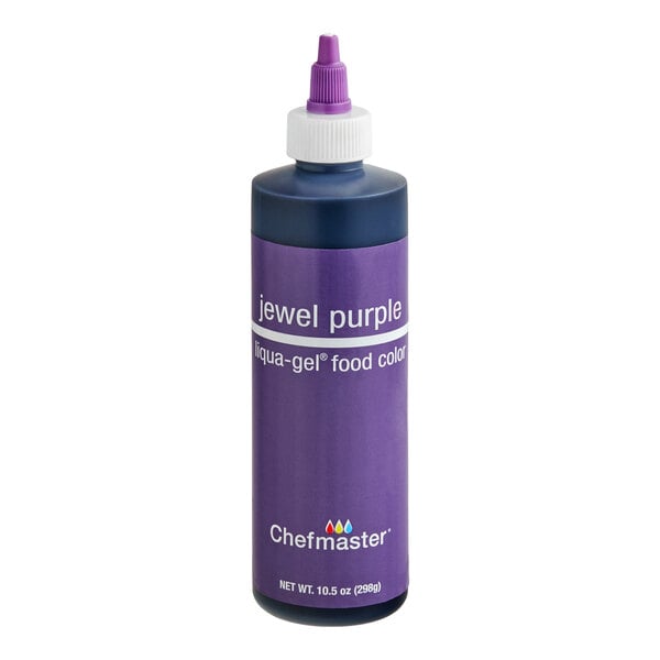 A bottle with a purple label and cap, labeled 'jewel purple liqua-gel food color' by Chefmaster.