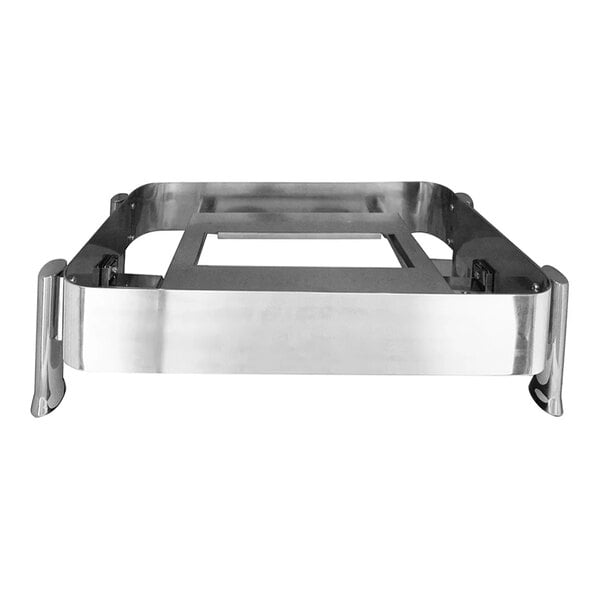 A rectangular, metallic stand with rounded corners and a cut-out center, designed to support another object.