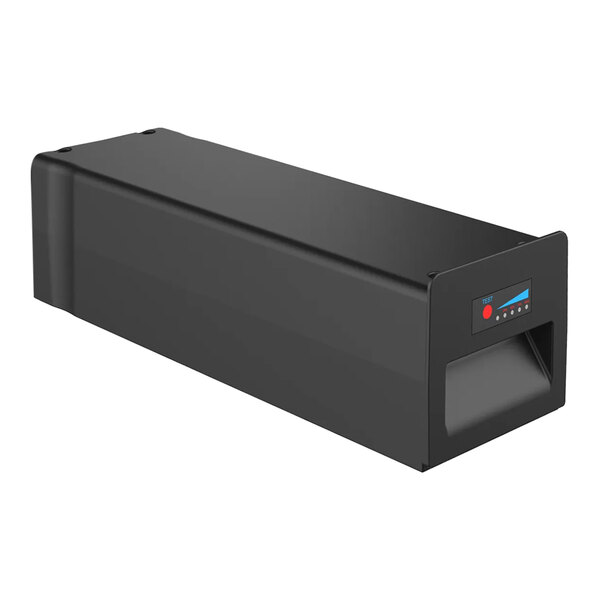 A rectangular black device with a small control panel and indicator lights on one end.