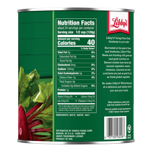 A can with a green label displaying nutrition facts, ingredients, and an image of fresh beets with greens.
