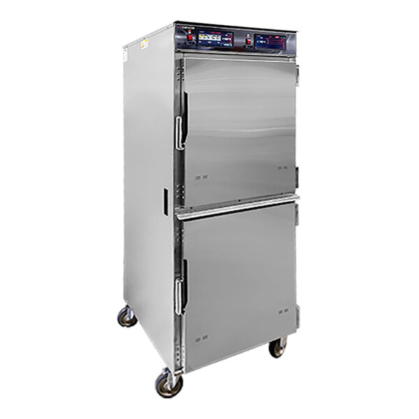 A tall, stainless steel cabinet with two doors, control panels on top, and four caster wheels at the base.