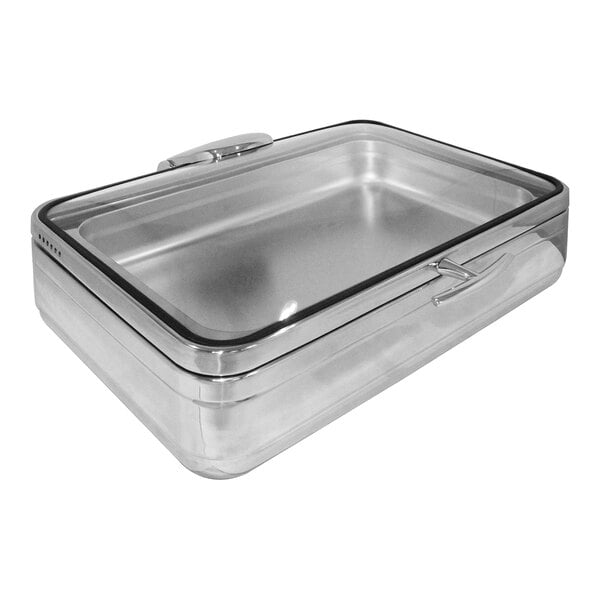 A rectangular stainless steel container with a transparent glass lid and a handle on top.