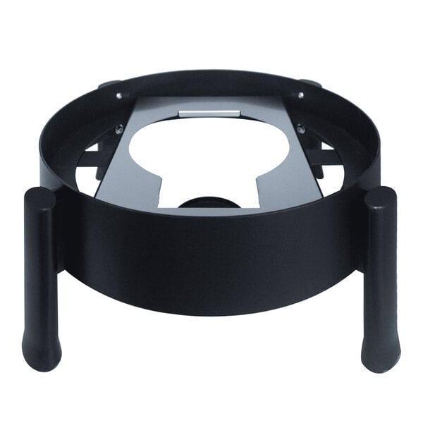 A black, round metal stand with three legs and an open center section, designed to support another object.