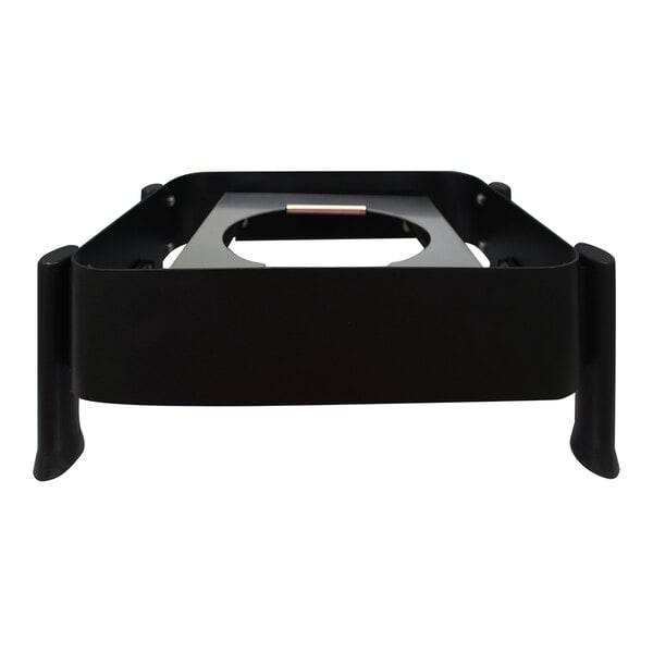A black rectangular metal stand with four short legs and an open center section.
