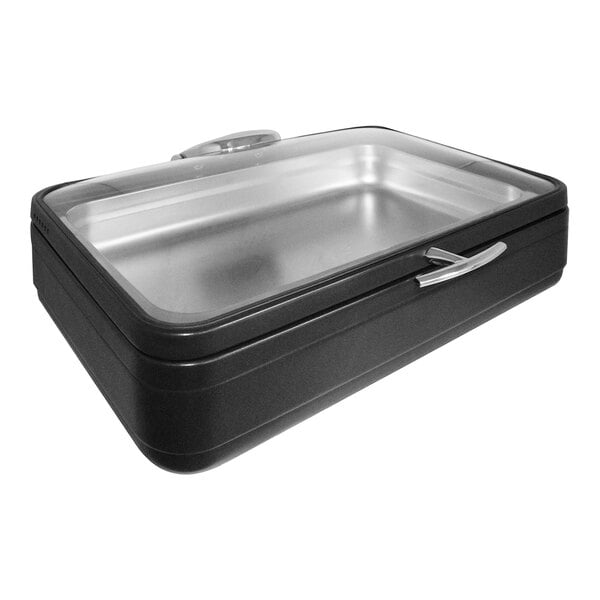 A rectangular black container with a stainless steel interior and a transparent glass lid featuring a handle.