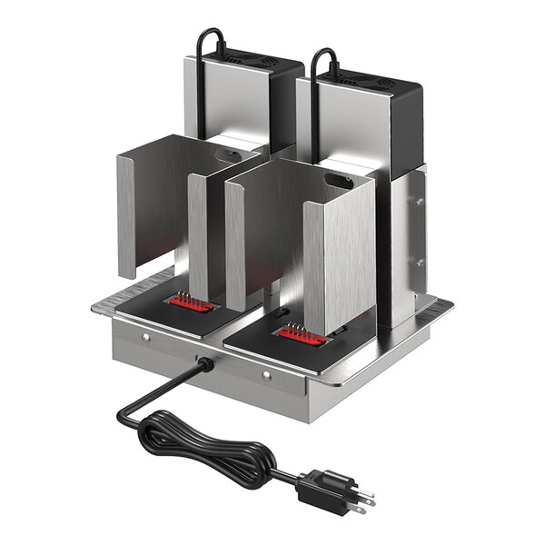 A dual battery charging station with two slots, metallic dividers, and a power cord.