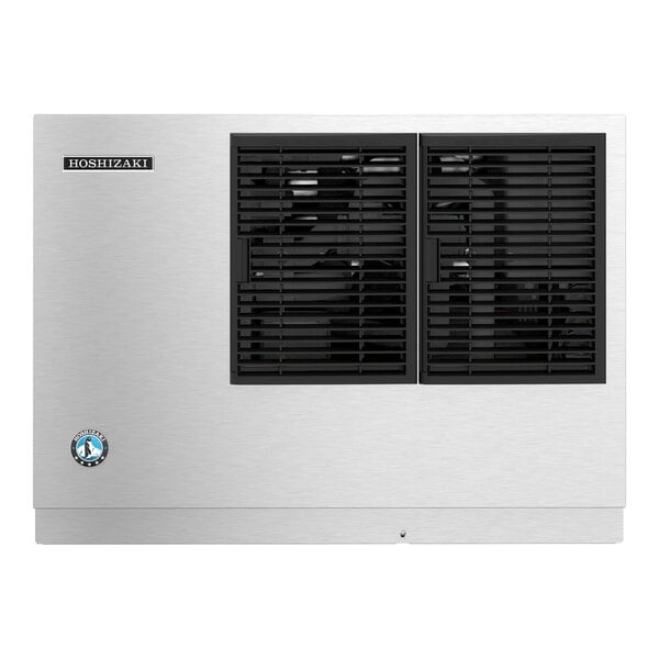 A rectangular stainless steel appliance with two black vented panels on the front and a small logo in the lower left corner.