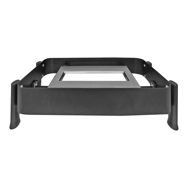 A black rectangular stand with curved edges and an open center section, viewed from the front.