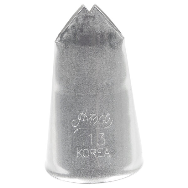 A metal piping tip with a V-shaped opening at the top and engraved text on the side.