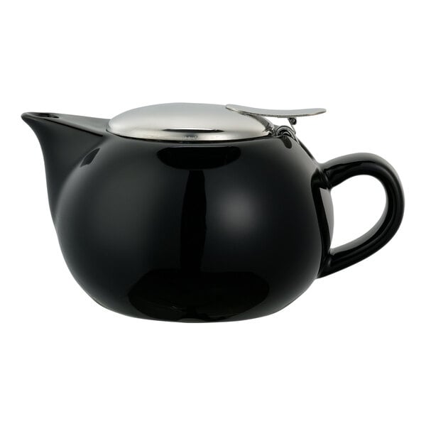 A round black ceramic teapot with a metal lid and a curved handle.