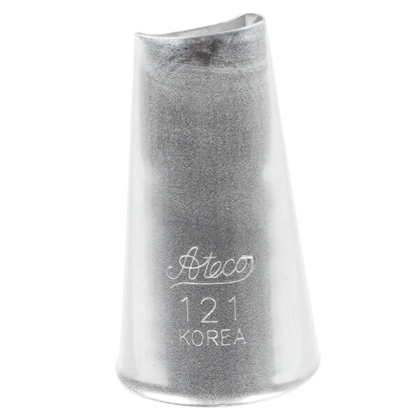 A metal piping tip with a curved, angled opening and engraved text on the front.