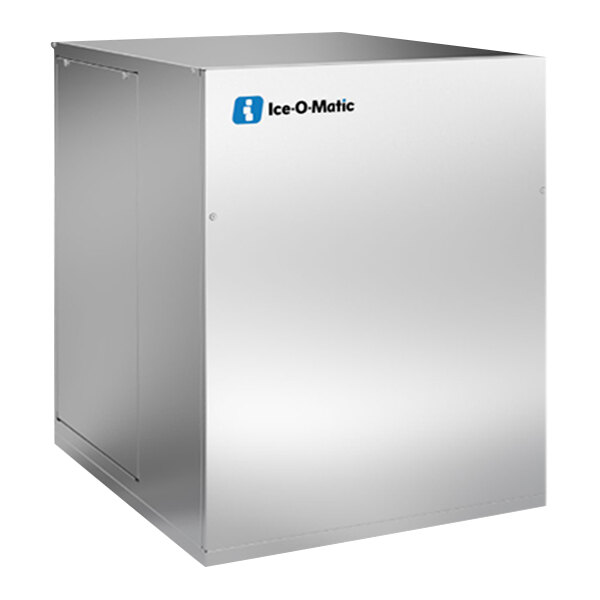 A metallic, box-shaped machine with a smooth surface and the Ice-O-Matic logo on the front panel.