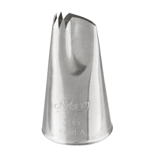 A metal piping tip with a jagged, ruffled opening at the top.