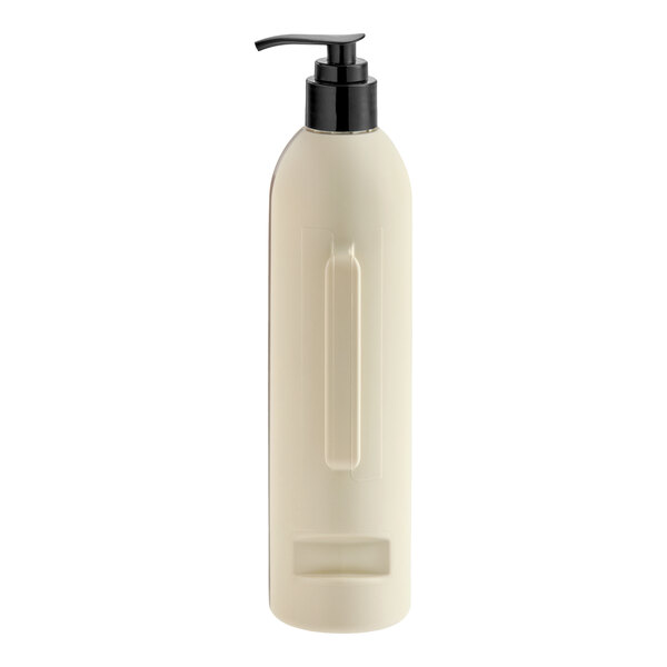 A tall, cylindrical, cream-colored bottle with a black pump dispenser.