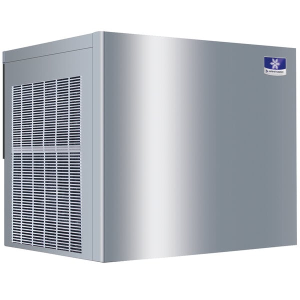A metallic rectangular appliance with a vented side panel and a small blue logo on the front.