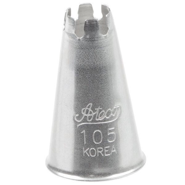 A metal piping tip with a notched opening and engraved text on the side.