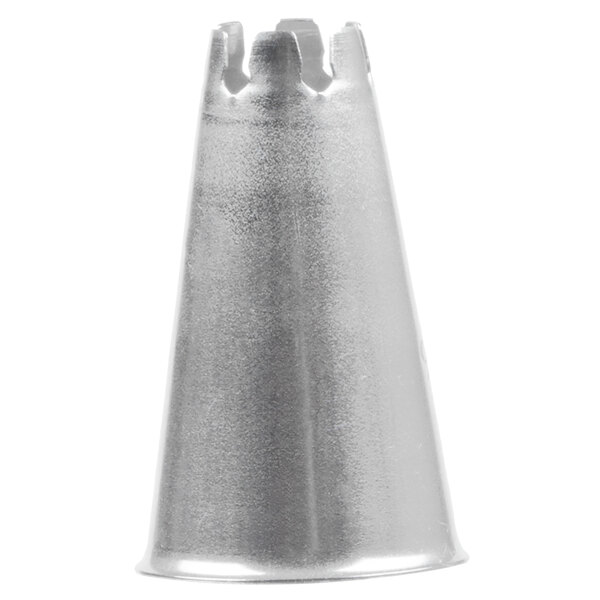 A metal piping tip with a conical shape and multiple notches at the narrow end.