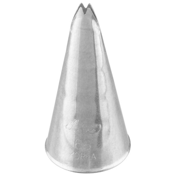 A metal piping tip with a narrow, V-shaped opening at the top.