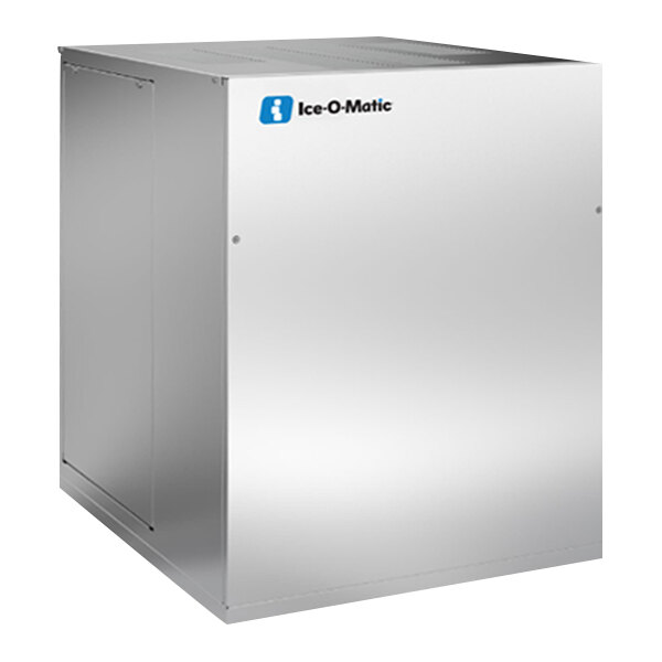 A large, metallic, box-shaped machine with a smooth surface and the Ice-O-Matic logo on the upper front corner.