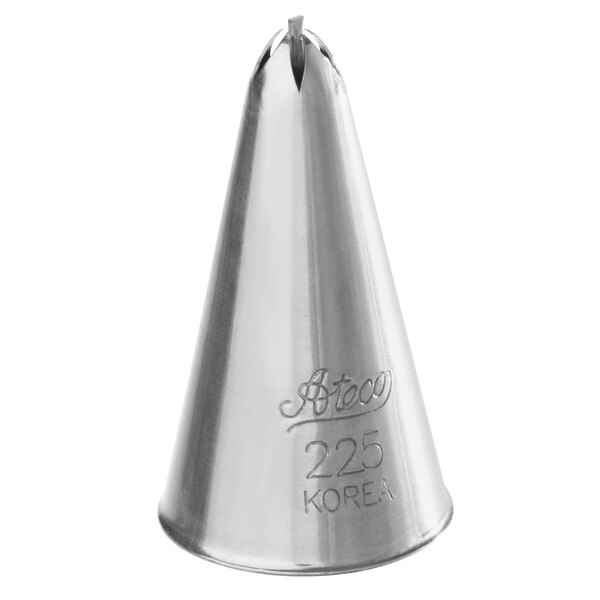 A metal piping tip with a star-shaped opening and engraved text on the side.