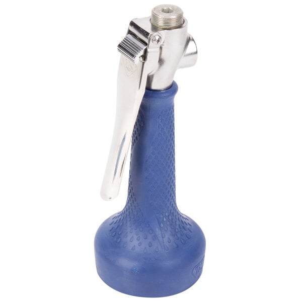 A T&S blue and silver pre-rinse spray valve with an ergonomic grip and trigger lock.