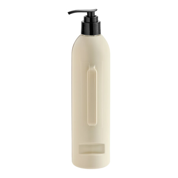 A tall, cylindrical, cream-colored bottle with a black pump dispenser.