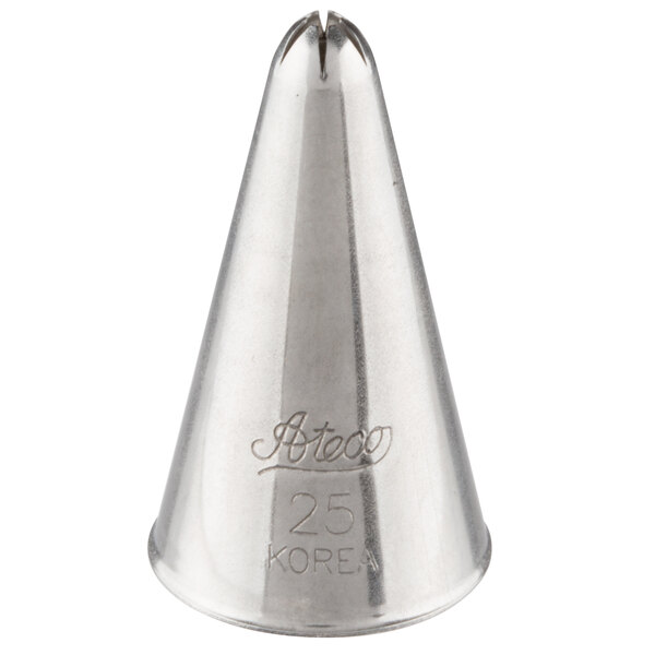 A metal piping tip with a closed star-shaped opening at the narrow end.