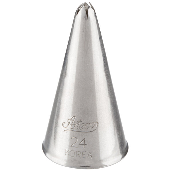 A metal piping tip with a closed star-shaped opening at the narrow end and engraved text on the side.