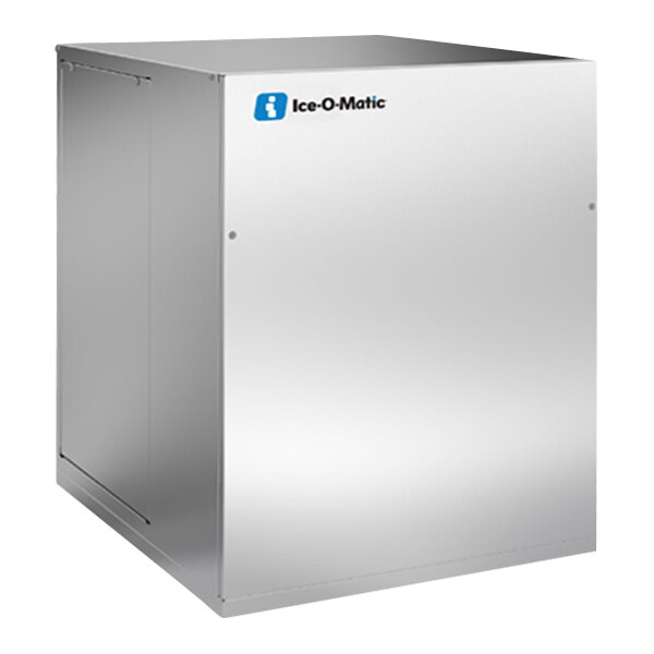 A large, stainless steel, box-shaped machine with a smooth front panel and the Ice-O-Matic logo in the upper left corner.